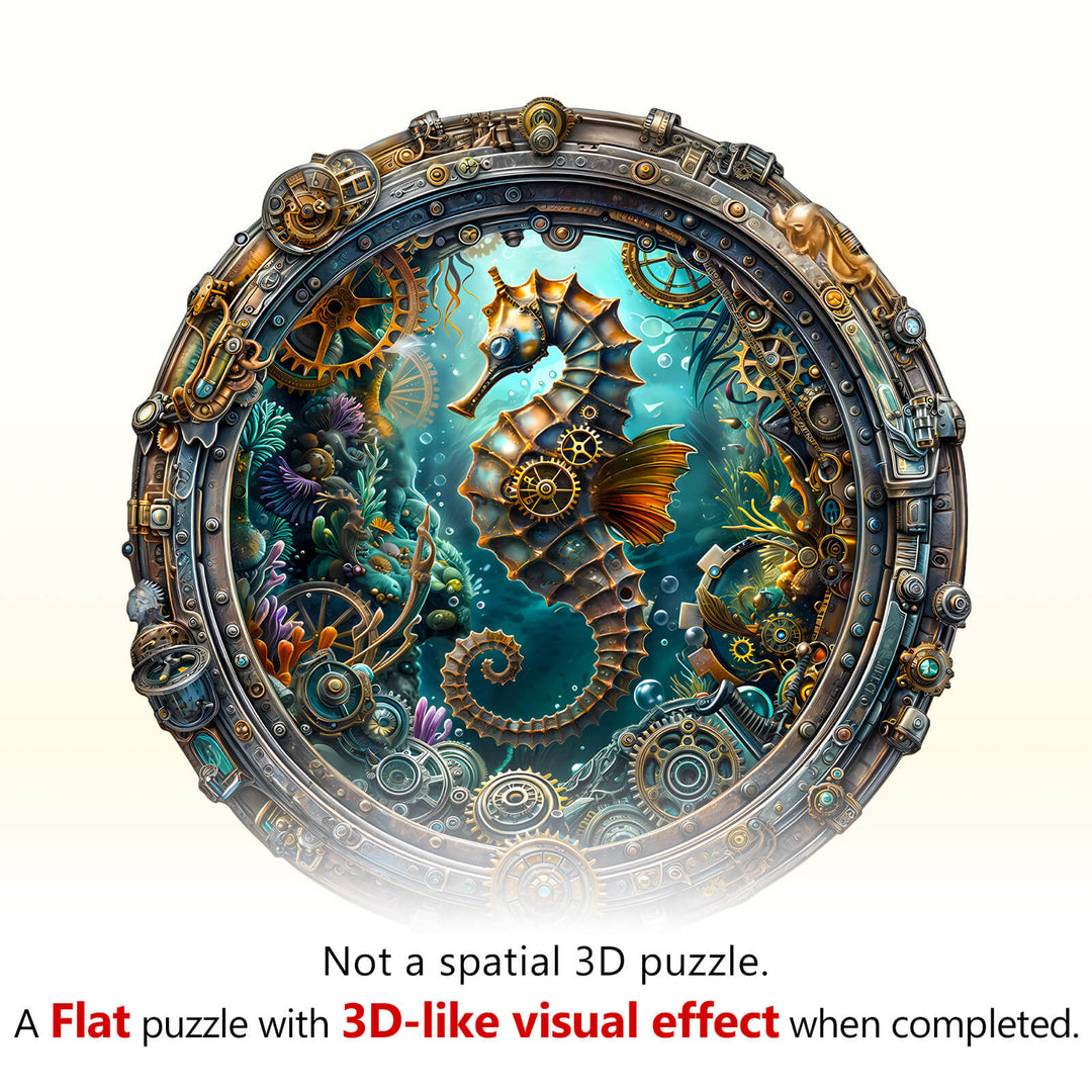 Abyssal seahorse wooden jigsaw puzzle with intricate design, offering a 3D-like visual effect when completed.