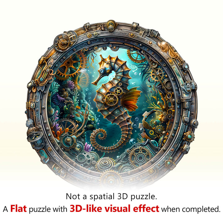 Abyssal seahorse wooden jigsaw puzzle with intricate design, offering a 3D-like visual effect when completed.