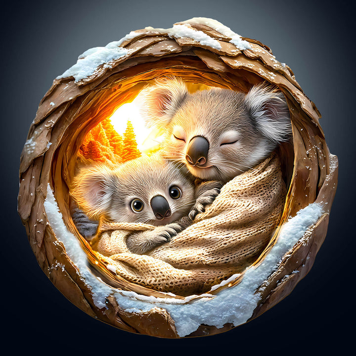 Illustration of two cozy koalas snuggled together in a nest, surrounded by a snowy landscape and glowing trees.