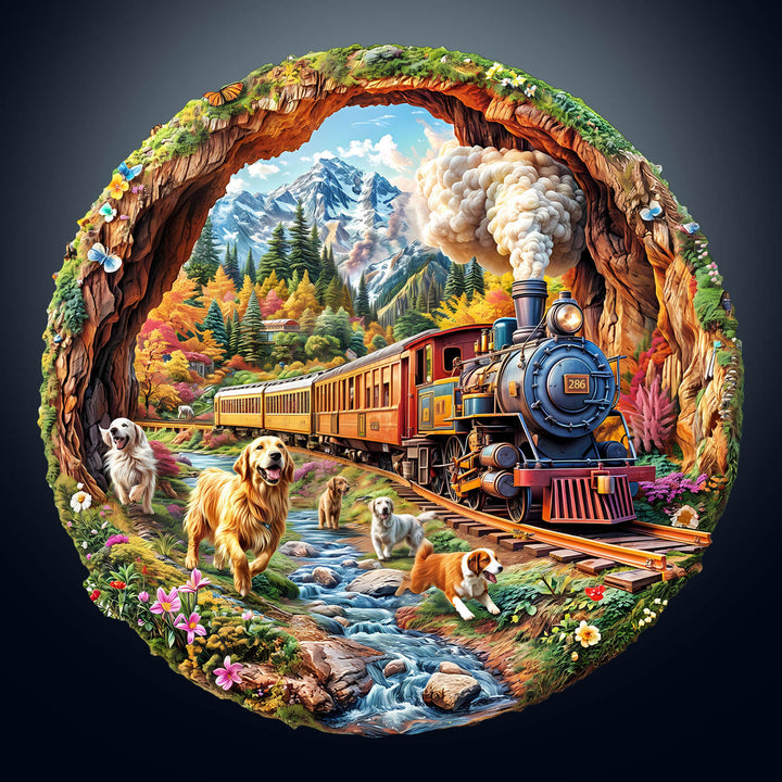 3D Racing the Train-1 wooden jigsaw puzzle featuring an intricate train scene with dogs and a colorful landscape.