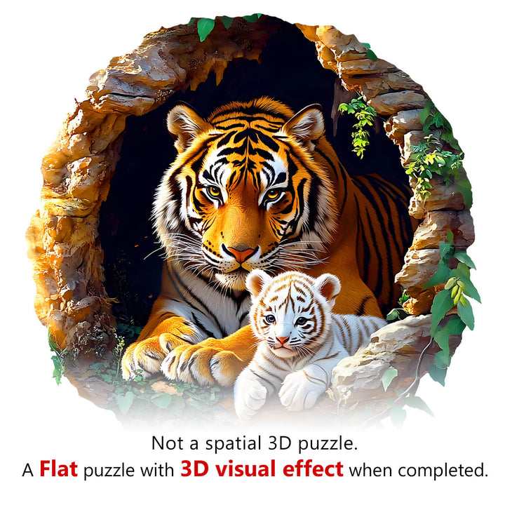 3D Tiger Family-1 Wooden Jigsaw Puzzle featuring a majestic tiger and her cub, showcasing rich colors and detailed design.