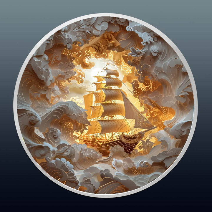 3D Sailing-2 wooden jigsaw puzzle featuring a detailed ship surrounded by dramatic waves and clouds.