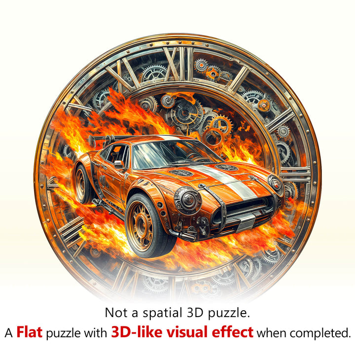Blazing Speed Wooden Jigsaw Puzzle featuring a fiery racing car in a clock-themed design, offering a 3D-like visual effect.