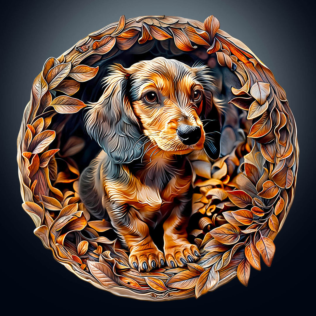 3D Dachshund-2 wooden puzzle featuring a stylized dachshund surrounded by autumn leaves, perfect for puzzle enthusiasts.