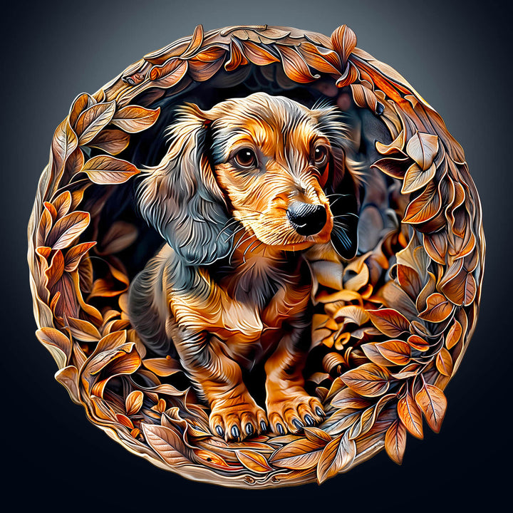 3D Dachshund-2 wooden puzzle featuring a stylized dachshund surrounded by autumn leaves, perfect for puzzle enthusiasts.