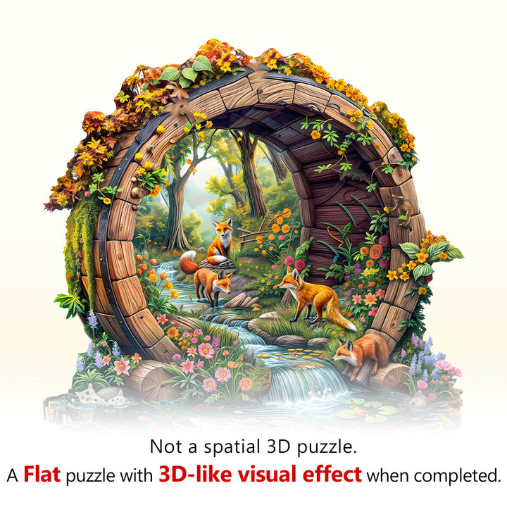 Colorful wooden jigsaw puzzle featuring happy foxes surrounded by nature, flowers, and a stream; flat with 3D-like visual effect.