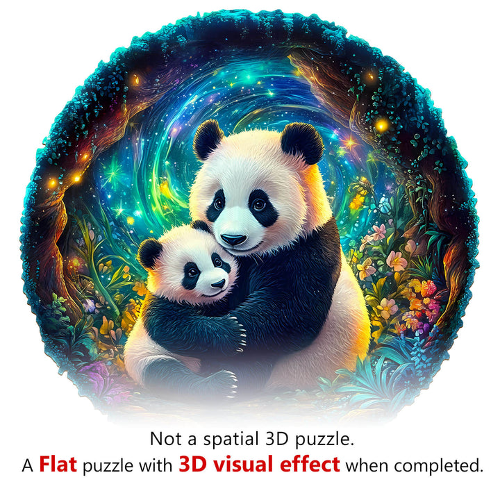 3D panda family wooden jigsaw puzzle with a vibrant cosmic background, featuring a mother and baby panda.
