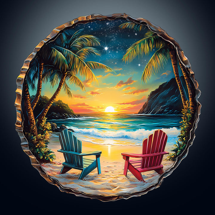 3D Sunset Beach wooden jigsaw puzzle featuring vibrant palm trees and colorful chairs by the ocean.