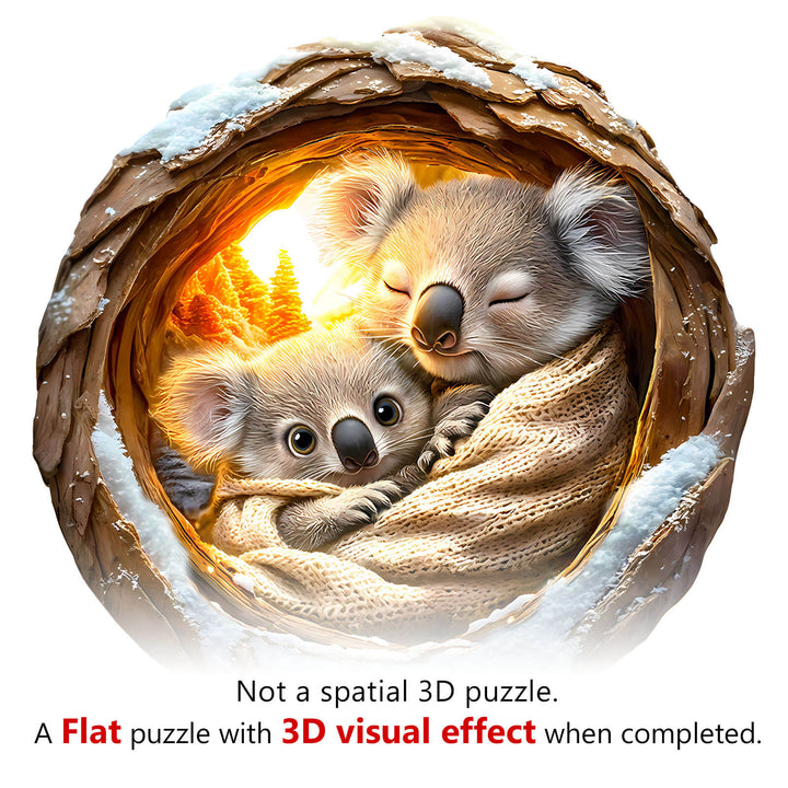Two koalas cuddling in a cozy nest, showcasing a flat puzzle with a stunning 3D visual effect when completed.