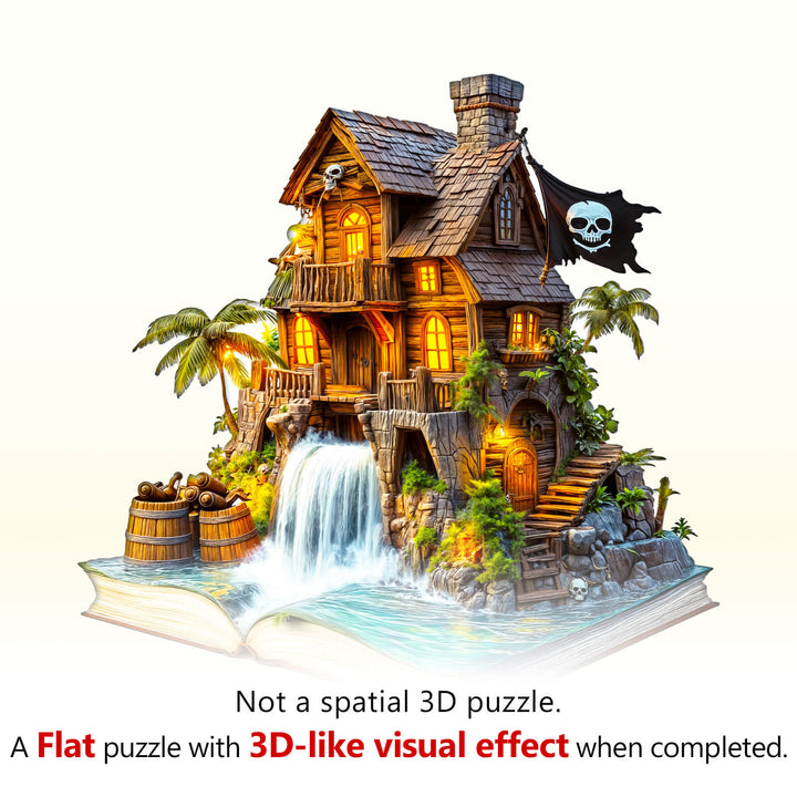 Pirate cabin-1 wooden jigsaw puzzle featuring a detailed sailboat house with palm trees and pirate flag.