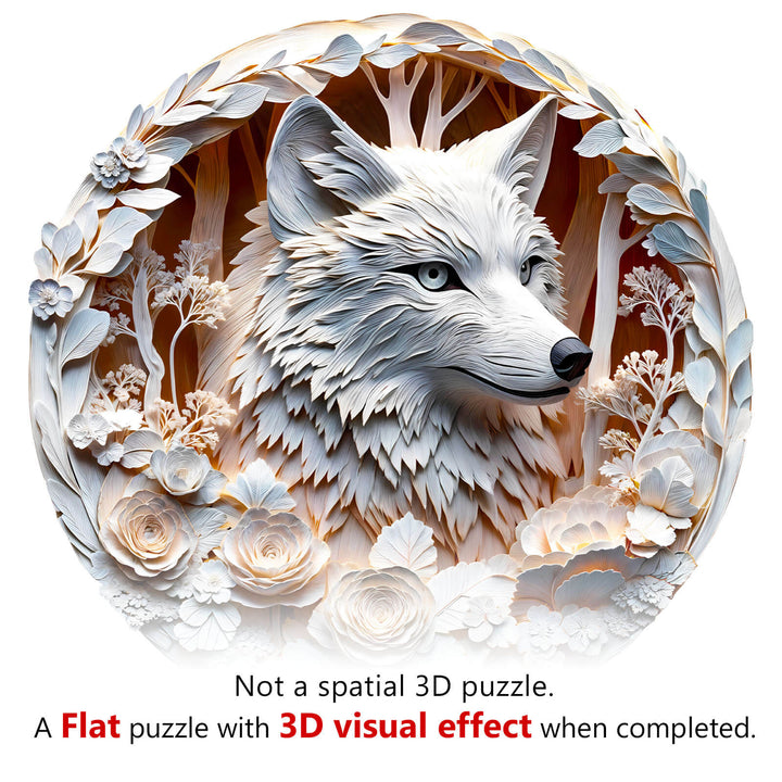 3D Wolf-1 wooden jigsaw puzzle showcasing a wolf's head with intricate floral details and 3D visual effect.