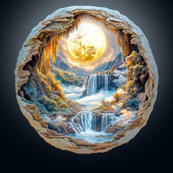 3D Moonlit Wonders puzzle featuring a serene waterfall scene illuminated by a glowing moon, perfect for puzzle enthusiasts.