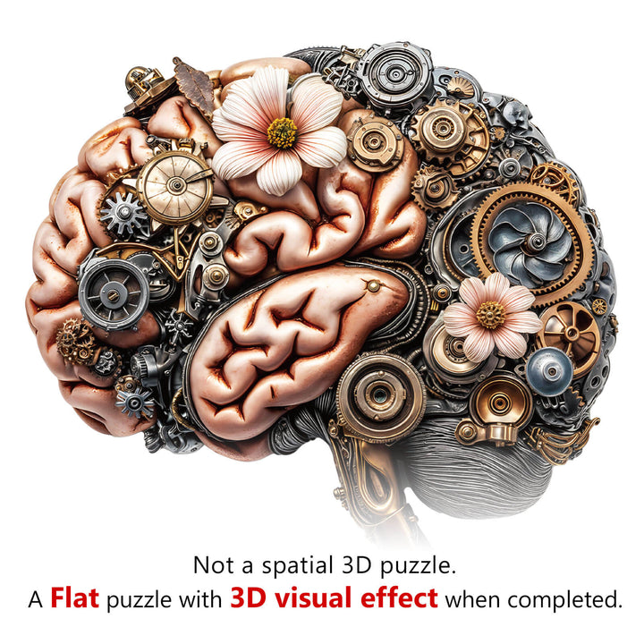 3D Mechanical Brainstem Wooden Jigsaw Puzzle featuring intricate gears and flowers, creating a unique visual experience.