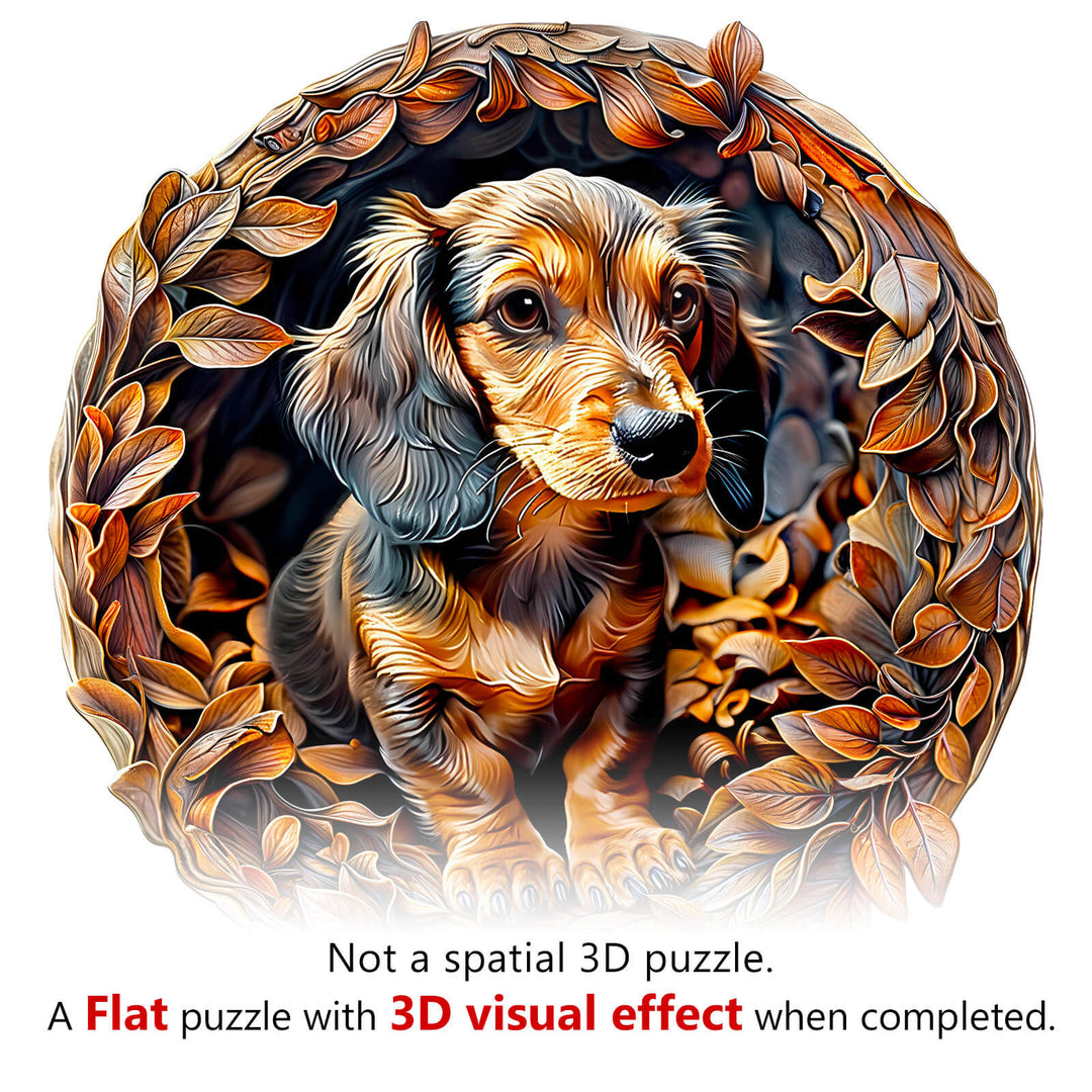 3D Dachshund-2 wooden jigsaw puzzle featuring a dachshund with 3D visual effect, designed for engaging mind games.