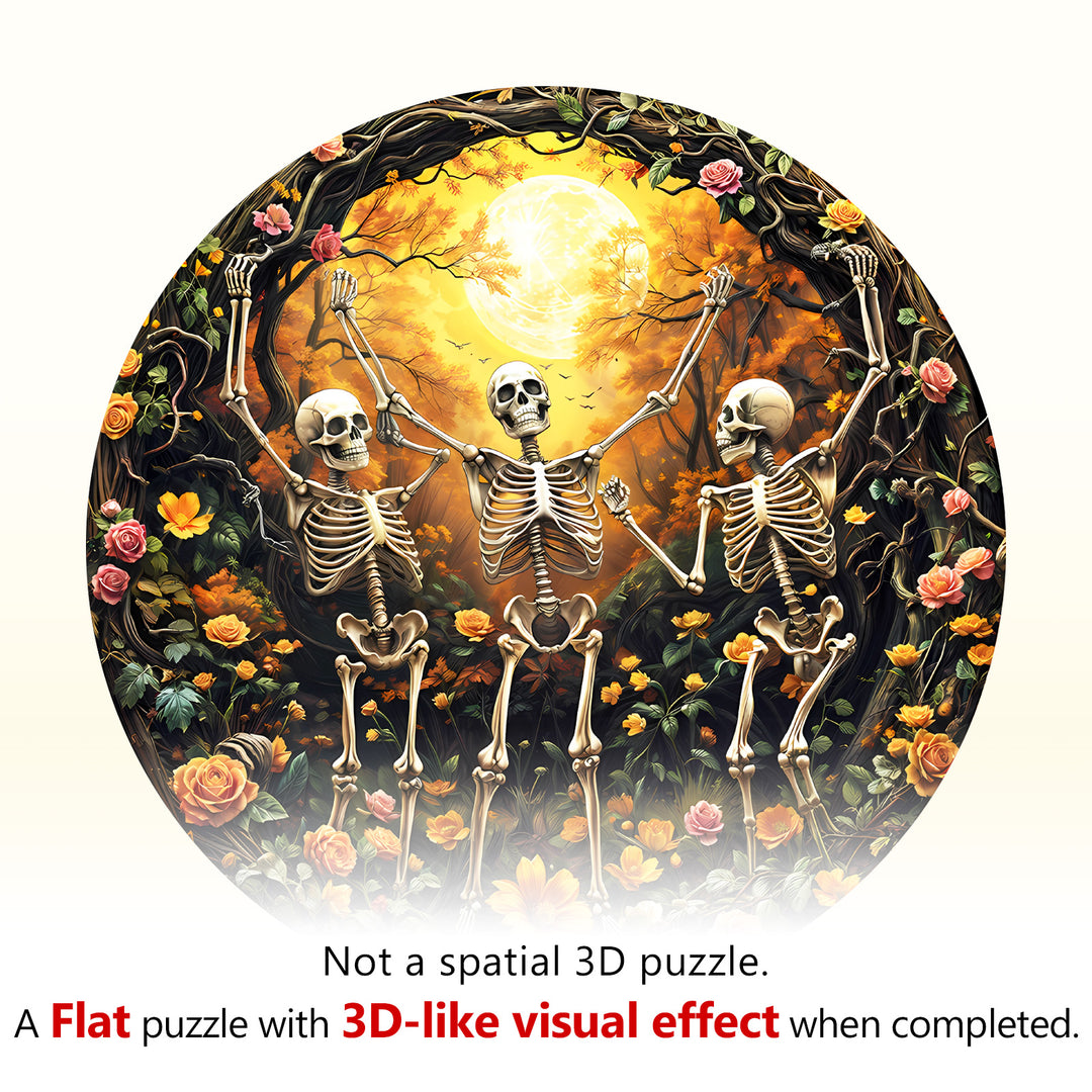 Skeleton Moon Glee wooden jigsaw puzzle with skeletons in a colorful floral setting, showcasing 3D-like visual effects.