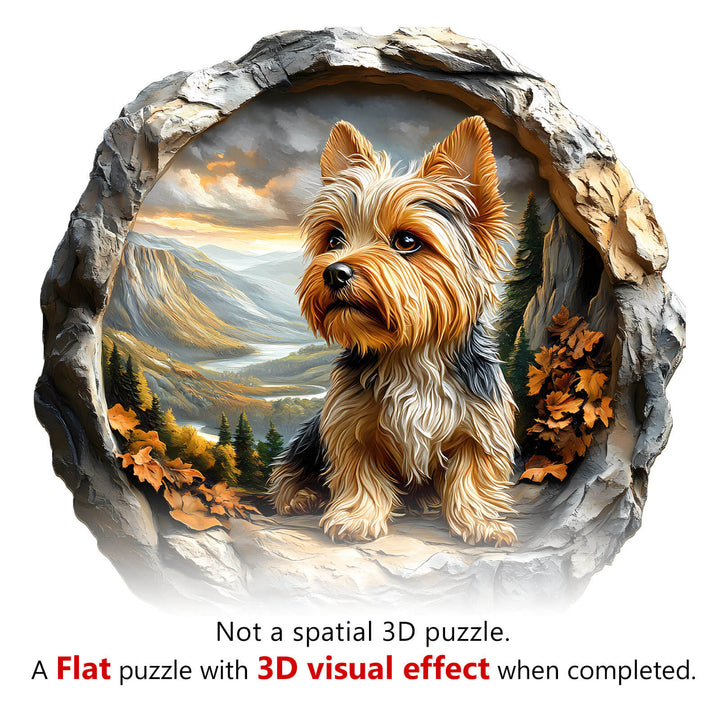 3D Yorkshire wooden jigsaw puzzle featuring a detailed illustration of a Yorkshire Terrier surrounded by nature.