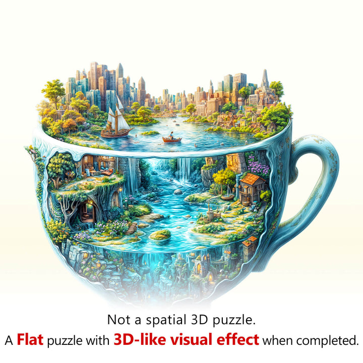 Urban Forest Cup wooden jigsaw puzzle featuring 3D-like visuals of a forest scene within a cup.