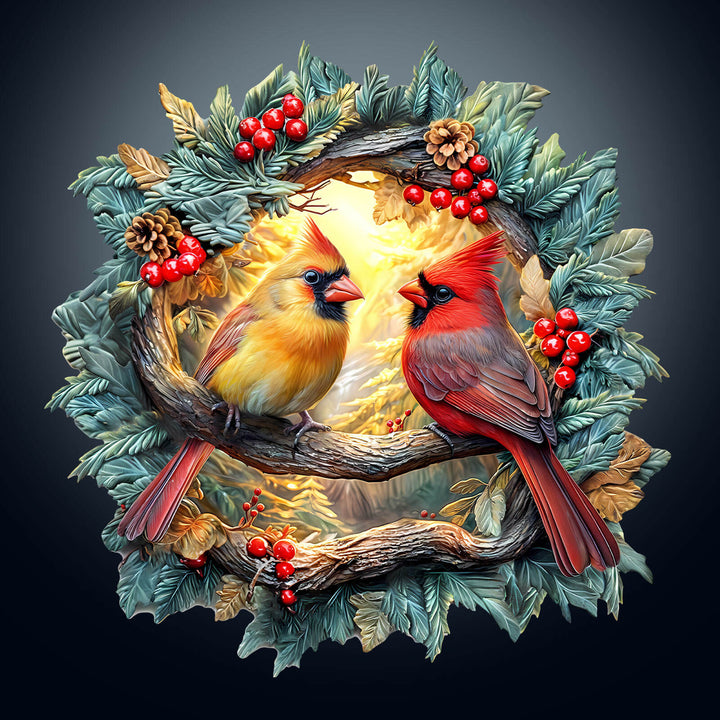 Vibrant 3D Northern Cardinal puzzle featuring two cardinals amidst holly and pine, showcasing nature's beauty.
