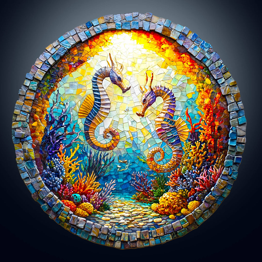3D Seahorses in Harmony wooden jigsaw puzzle featuring vibrant underwater scenery and colorful seahorses.
