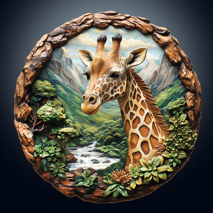3D Giraffe Wooden Jigsaw Puzzle featuring a detailed giraffe portrait surrounded by nature.