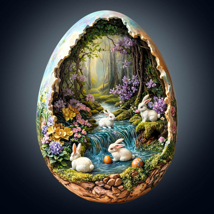 Colorful decorative Easter egg with bunnies by a stream, surrounded by flowers and trees, perfect for seasonal decor.
