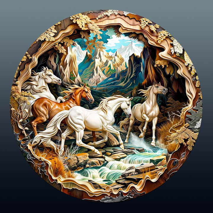 3D Horse Wooden Jigsaw Puzzle showcasing beautiful horses in a scenic landscape, enhancing focus and cognitive skills.