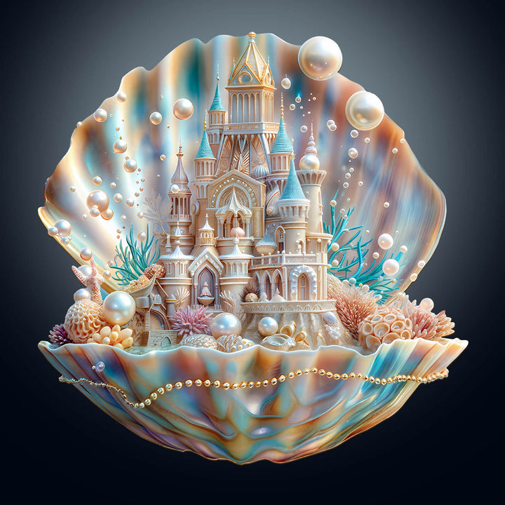 Pearlspire Citadel-1 wooden jigsaw puzzle featuring an ornate castle nestled in a pearl shell, perfect for puzzle enthusiasts.