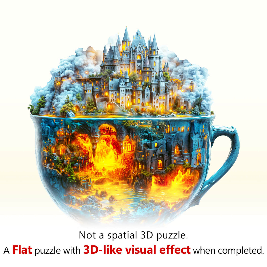 Magic cup-2 wooden jigsaw puzzle showcasing a castle scene with vibrant 3D-like visual effects.