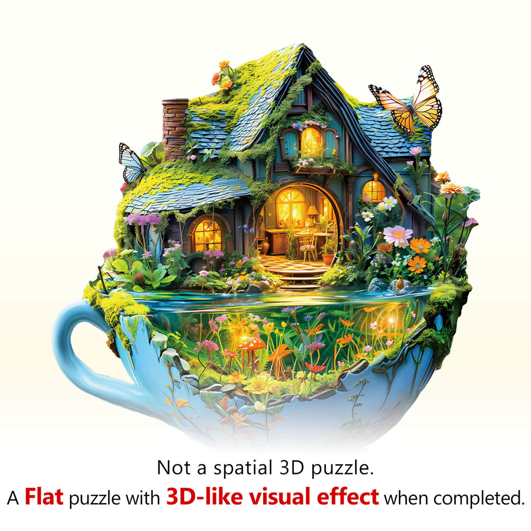 Green Field mug jigsaw puzzle featuring a charming cottage and vibrant flora, creating a 3D-like visual effect.
