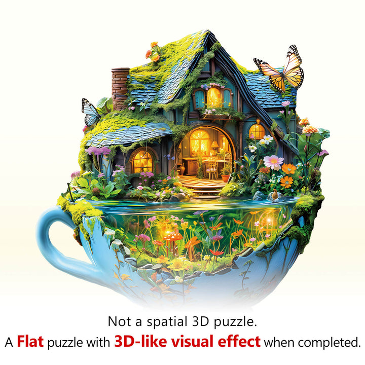 Green Field mug jigsaw puzzle featuring a charming cottage and vibrant flora, creating a 3D-like visual effect.