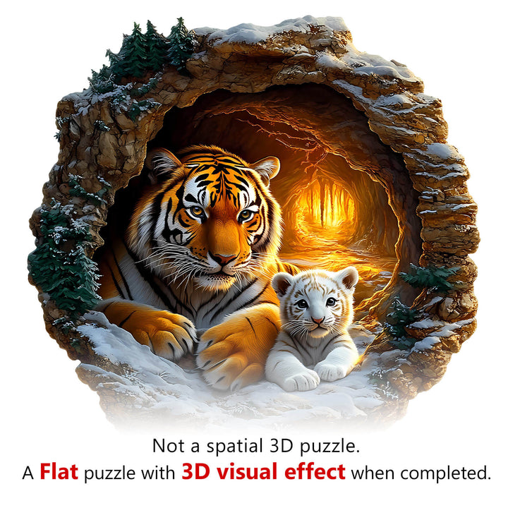 3D Tiger Family-2 wooden jigsaw puzzle featuring a realistic tiger and cub, highlighting the flat design with 3D visual effect.