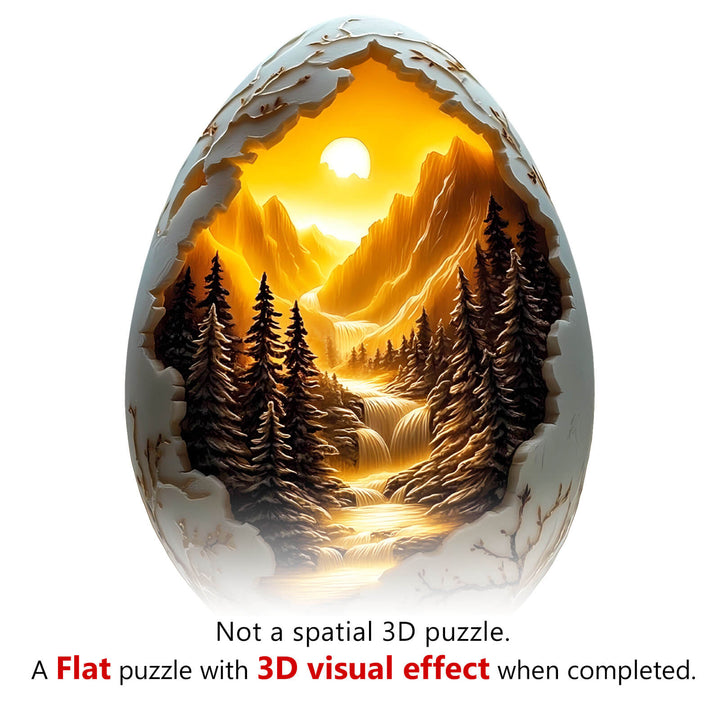 3D Eggshell World-1 wooden puzzle featuring a scenic landscape with a river and mountains inside an egg-shaped design.