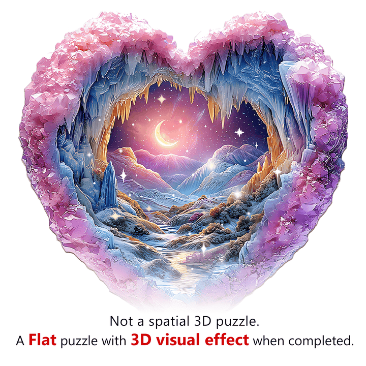 3D Romantic Star Wooden Jigsaw Puzzle featuring a heart-shaped design with a scenic landscape and starry night backdrop.