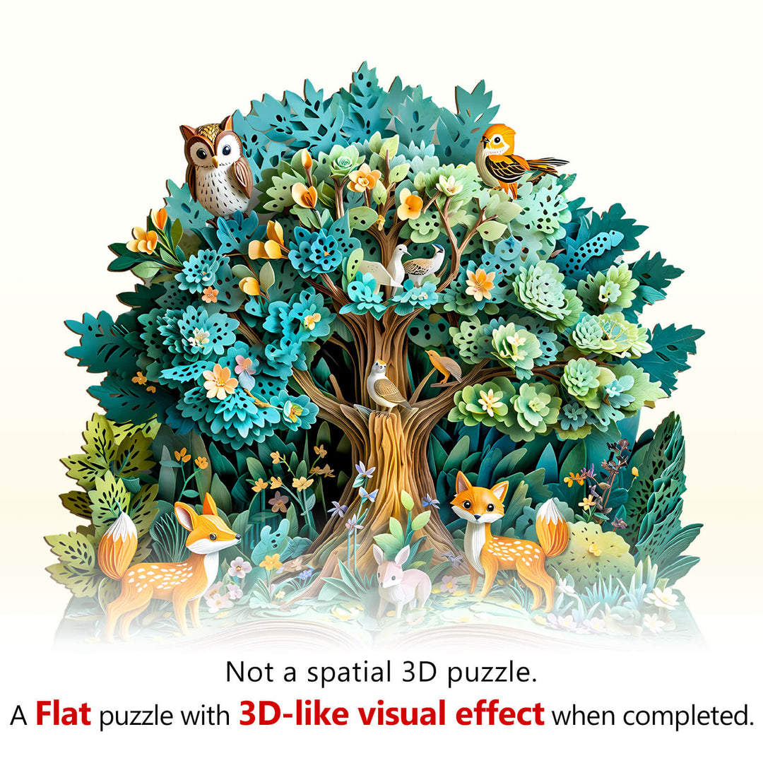 Colorful 3D Forest Tales wooden jigsaw puzzle showcasing animals and lush foliage, creating a stunning visual effect.