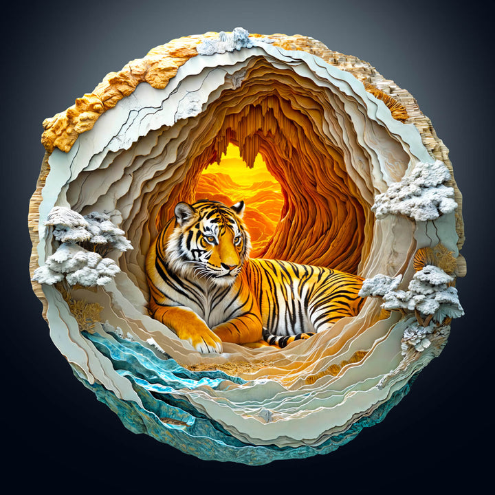 3D Tiger wooden jigsaw puzzle featuring a majestic tiger in a cave with vibrant sunset colors and layered textures.