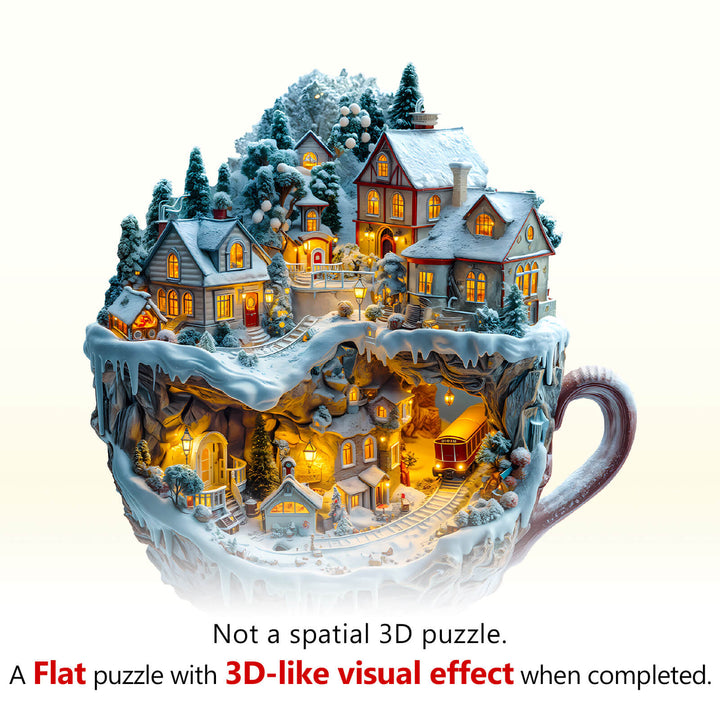 Train and Village wooden jigsaw puzzle showcasing a charming village scene inside a cup with 3D-like visual effects.