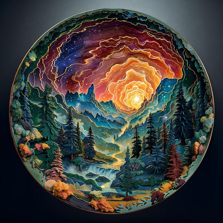 Colorful 3D cave sky wooden jigsaw puzzle showcasing a vibrant landscape with trees and swirling clouds.