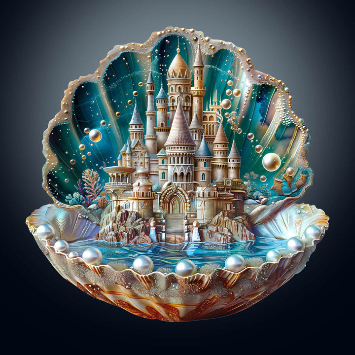 Pearlspire Citadel-2 wooden jigsaw puzzle featuring a beautiful castle in a shell with pearls, designed for puzzle enthusiasts.
