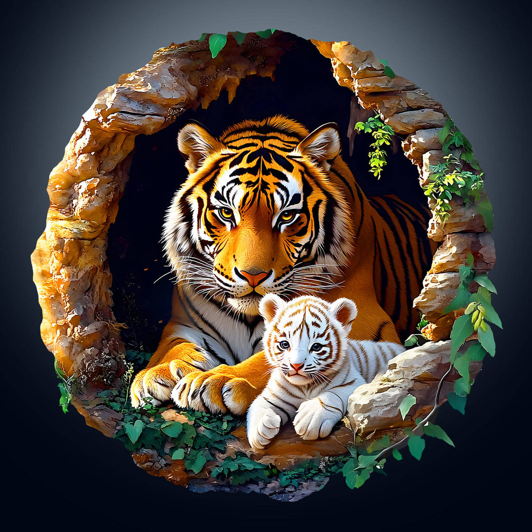 3D Tiger Family-1 wooden jigsaw puzzle featuring a majestic tiger and a white cub in a natural cave setting.