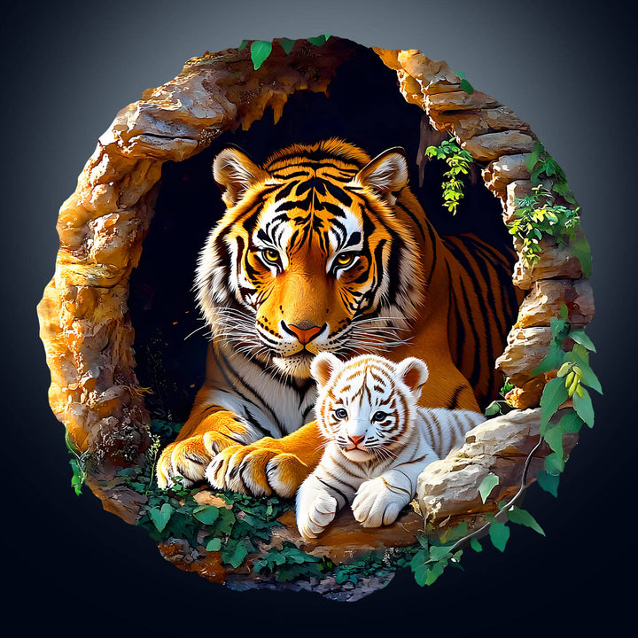 3D Tiger Family-1 wooden jigsaw puzzle featuring a majestic tiger and a white cub in a natural cave setting.