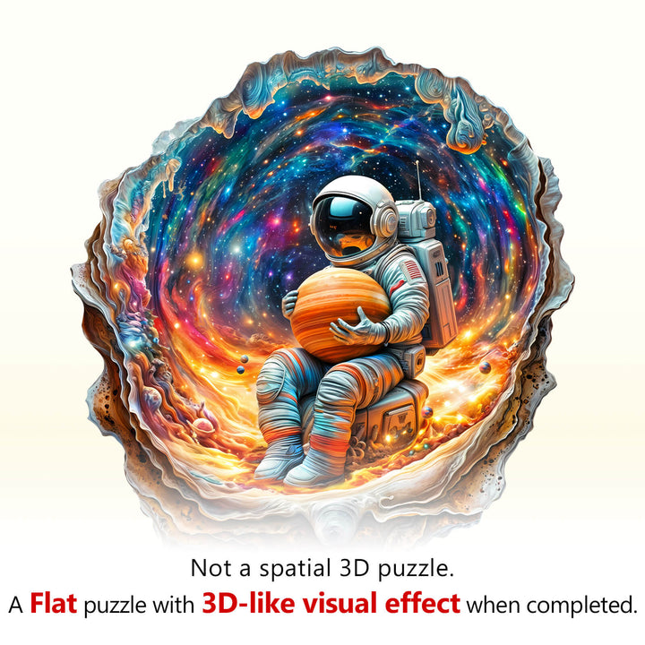 Cosmic Dream Wooden Jigsaw Puzzle featuring an astronaut in a vibrant, 3D-like cosmic scene for focused puzzle exploration.