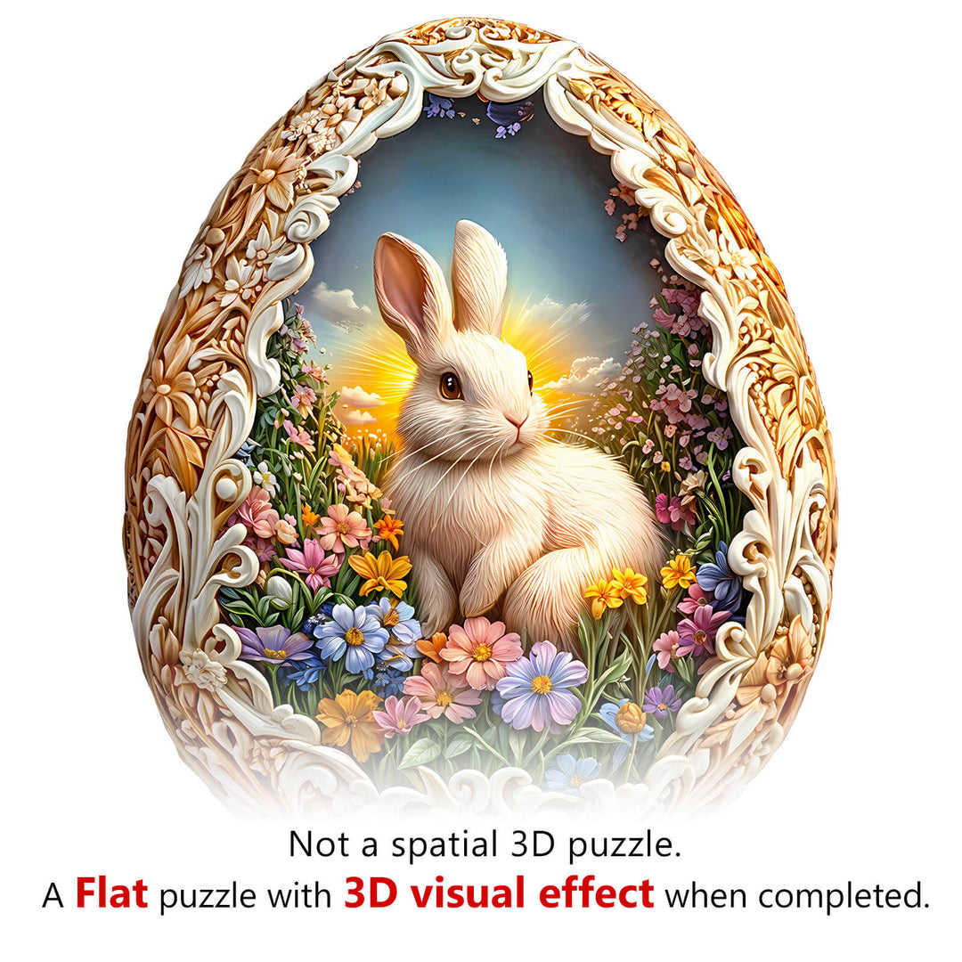 Wonderland Easter-5 wooden jigsaw puzzle featuring a rabbit and flowers, showcasing a 3D visual effect when completed.