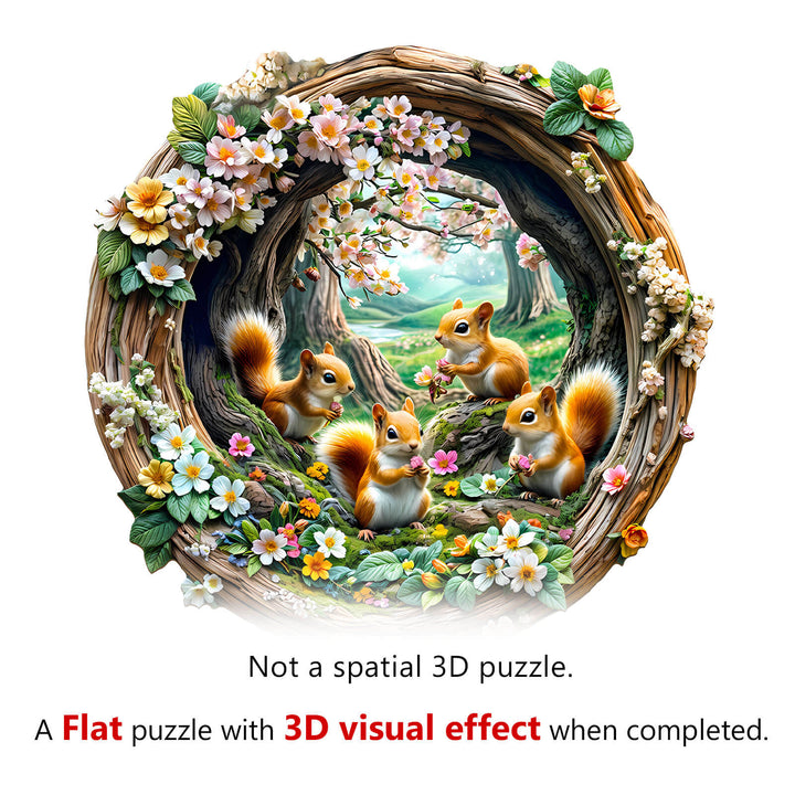 3D Spring Squirrel Wooden Jigsaw Puzzle featuring adorable squirrels and flowers, creating a stunning visual effect.