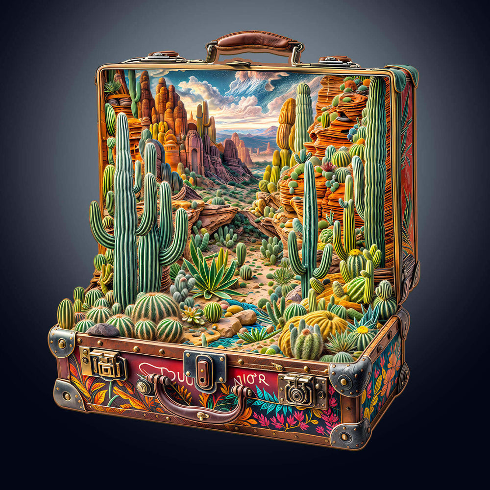 Vibrant wooden suitcase filled with a desert landscape featuring cacti, rolling dunes, and a scenic view.