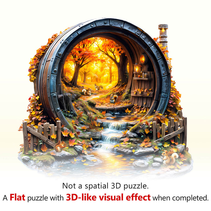 Colorful Barrel of Autumn jigsaw puzzle showcasing 3D-like visual effect with vibrant fall scenery and playful wildlife.