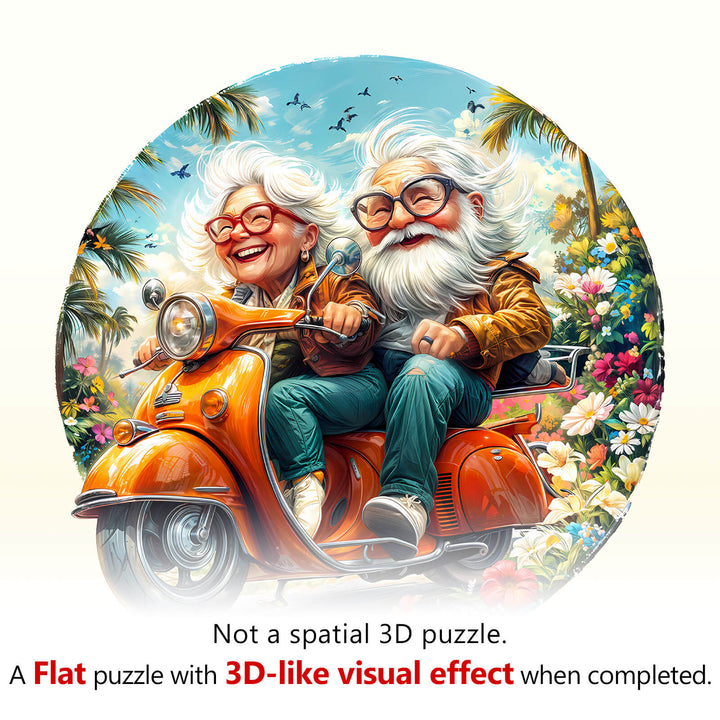 Motorcycle Granny-1 wooden jigsaw puzzle featuring a cheerful elderly couple on a scooter with a vibrant floral background.