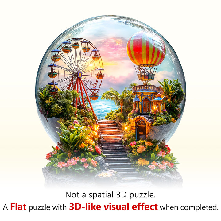 3D Crystal Wonderland puzzle visualizes a whimsical scene with a ferris wheel and hot air balloon, enhancing jigsaw puzzle fun.