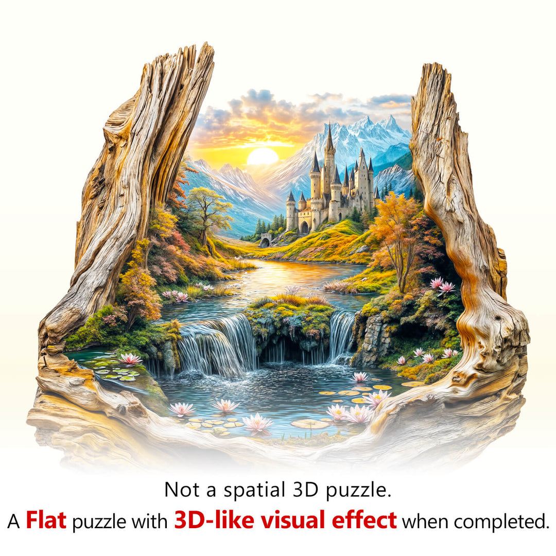 Enchanted Frame-2 wooden jigsaw puzzle with beautiful landscape and 3D-like visual effect when completed.