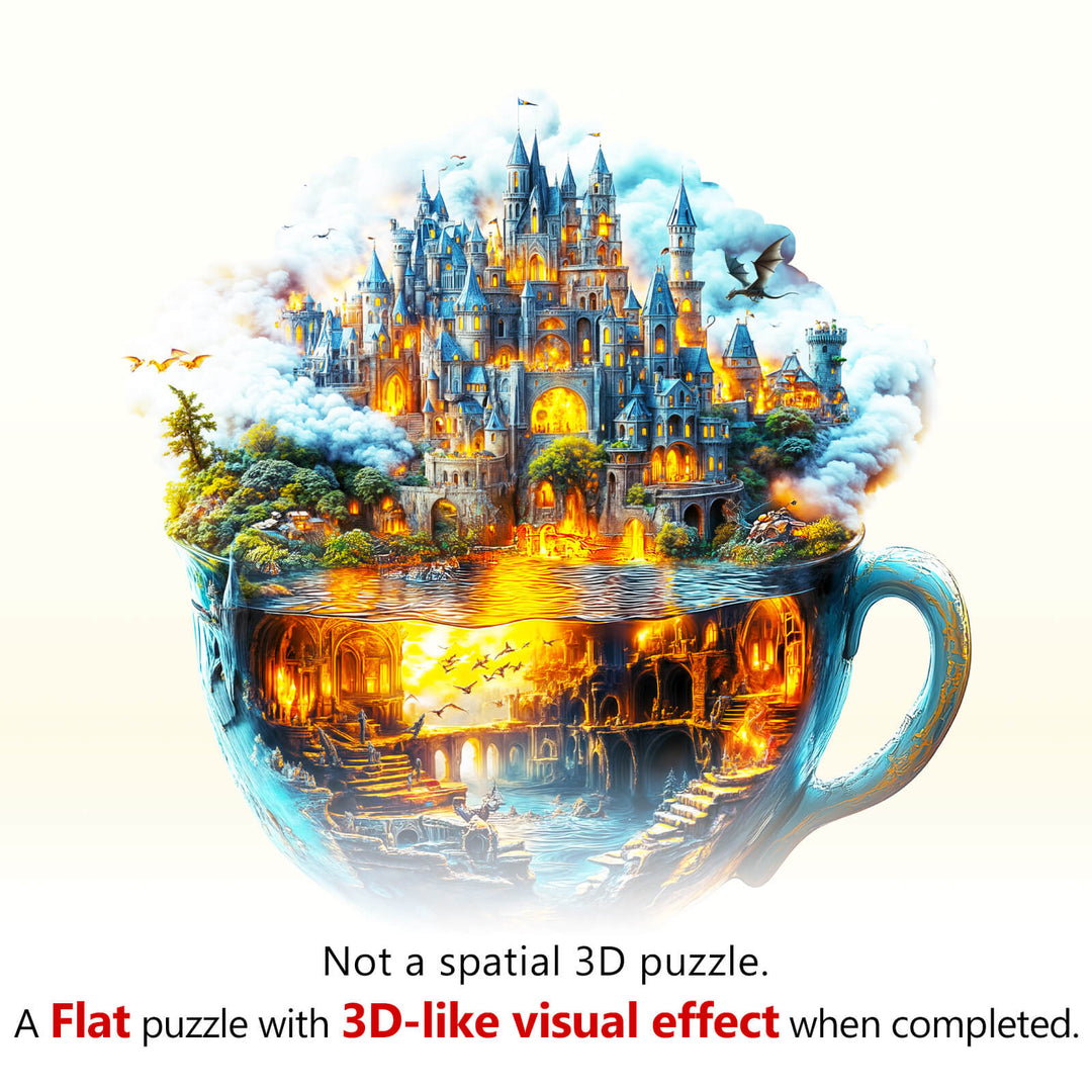 Magic cup-1 Wooden Jigsaw Puzzle showcasing a vibrant castle scene with a 3D-like visual effect when completed.