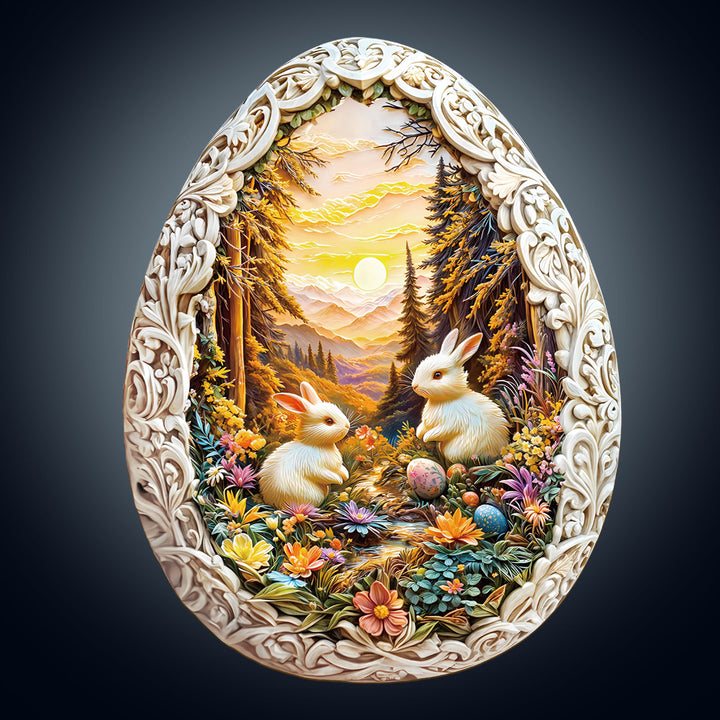 Whimsical Easter egg sculpture featuring two bunnies amidst colorful flowers and a sunset landscape.